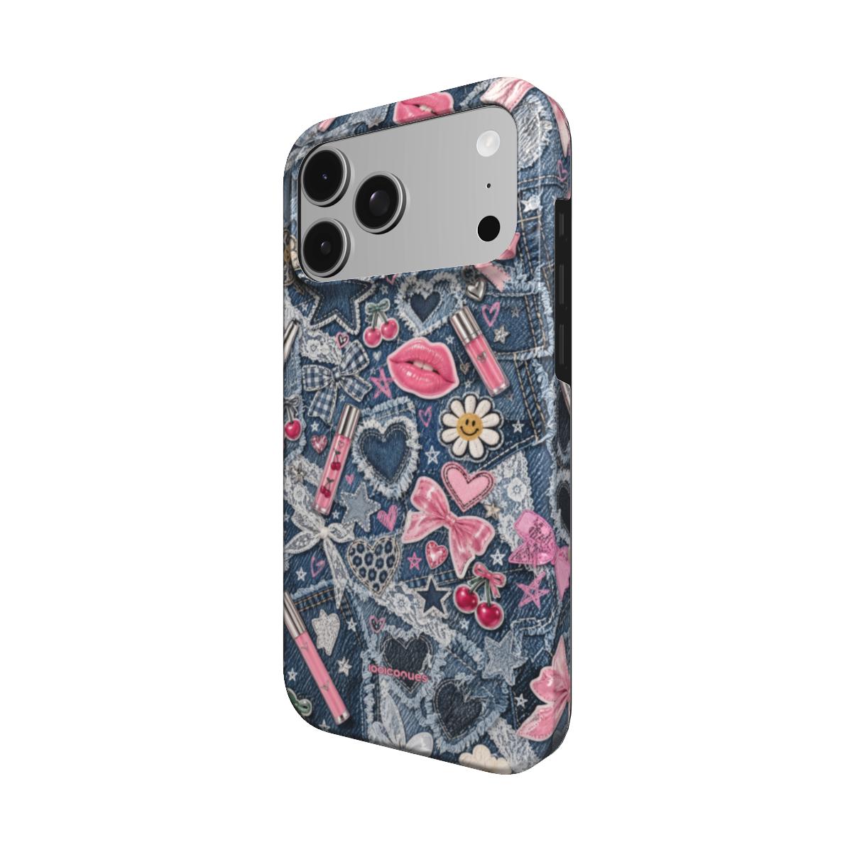 Coque Prestige Denim Pop vue de trois quarts, avec le rebord de la coque