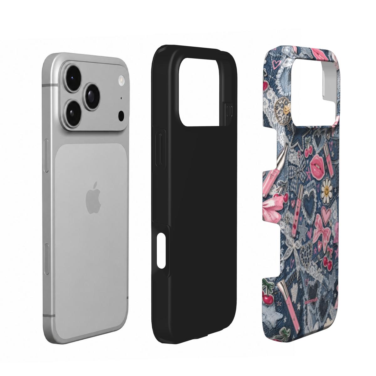 Coque Prestige Denim Pop en vue éclatée : téléphone, couche intérieure souple et coque extérieure imprimée