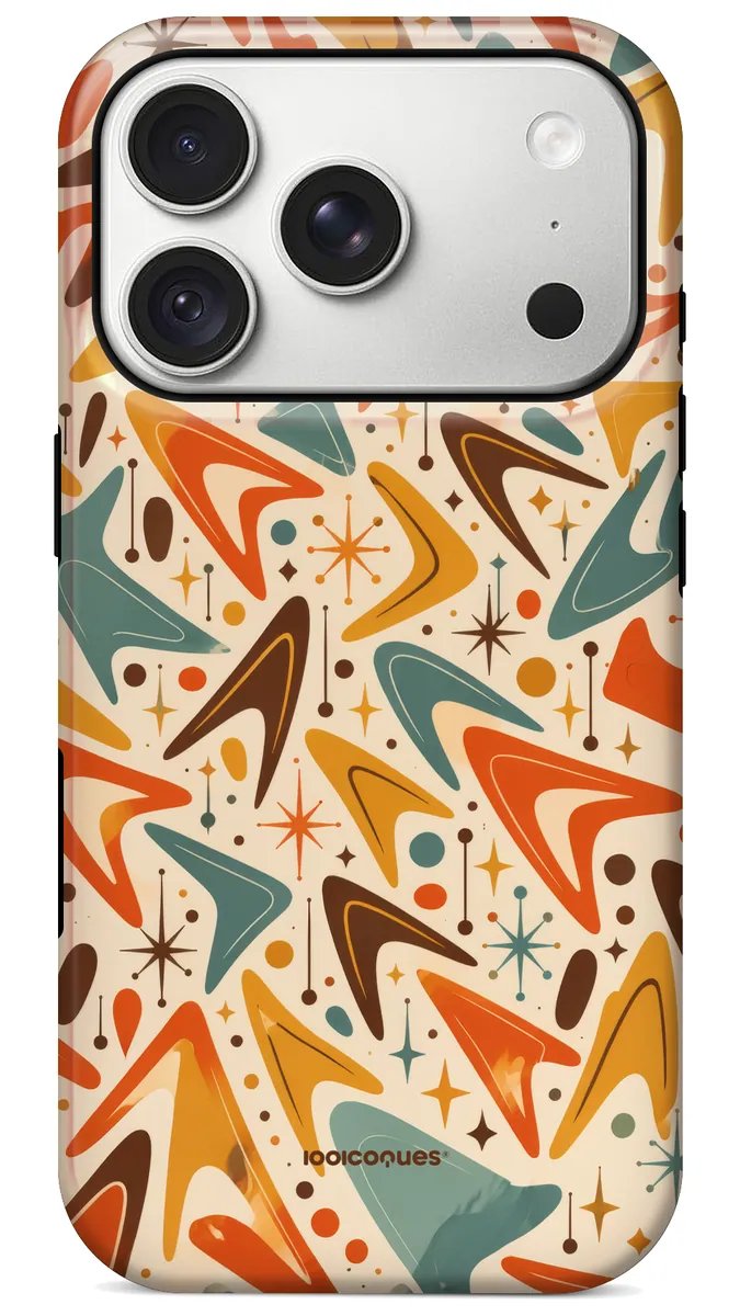 Coque Prestige Boomerang vue de dos : des boomerangs et des étoiles colorés façon années 50