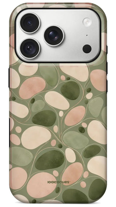 Coque Prestige Galet vue de dos : des galets crème et rose sur fond vert sauge