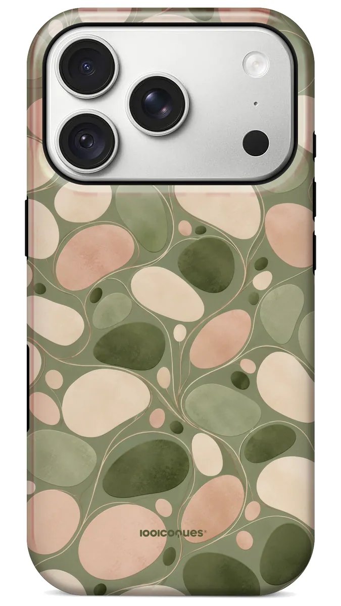Coque Prestige Galet vue de dos : des galets crème et rose sur fond vert sauge
