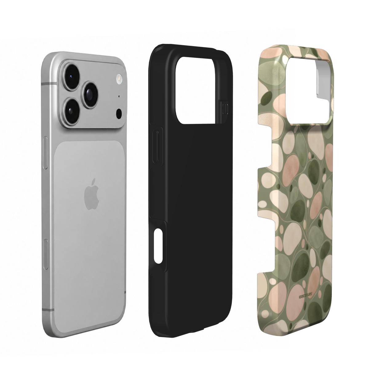 Coque Prestige Galet en vue éclatée : téléphone, couche intérieure souple et coque extérieure imprimée