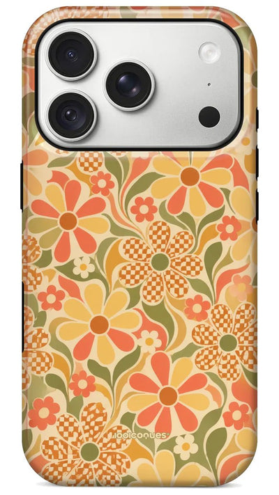 Coque Prestige Marguerite vue de dos : des marguerites corail et jaunes aux motifs vichy
