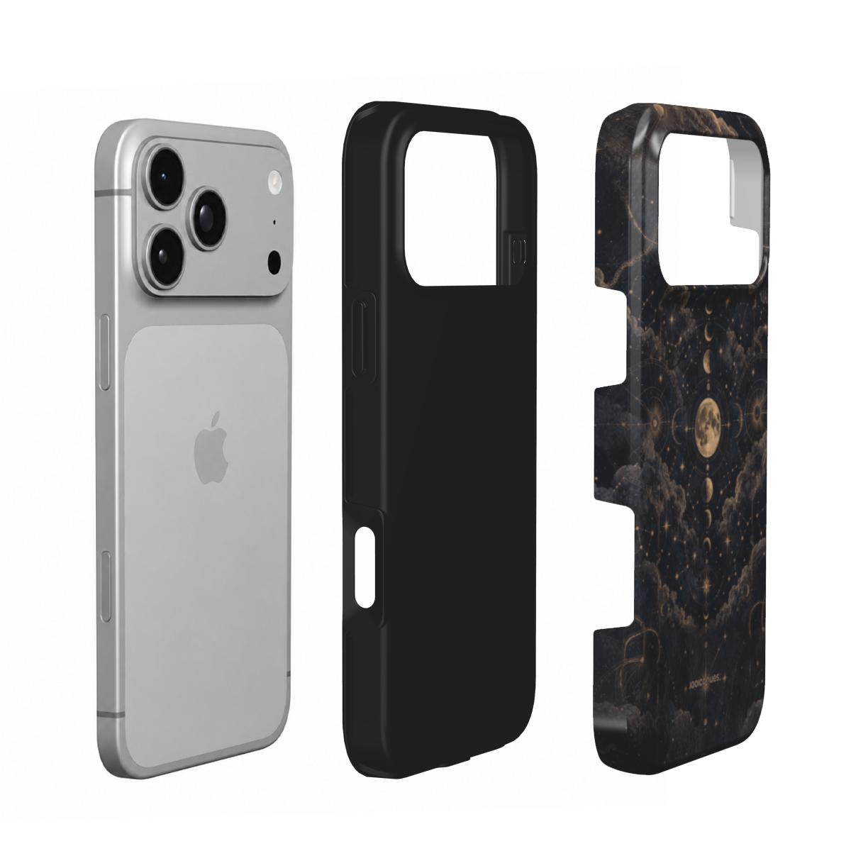 Coque Prestige Éclipse en vue éclatée : téléphone, couche intérieure souple et coque extérieure imprimée