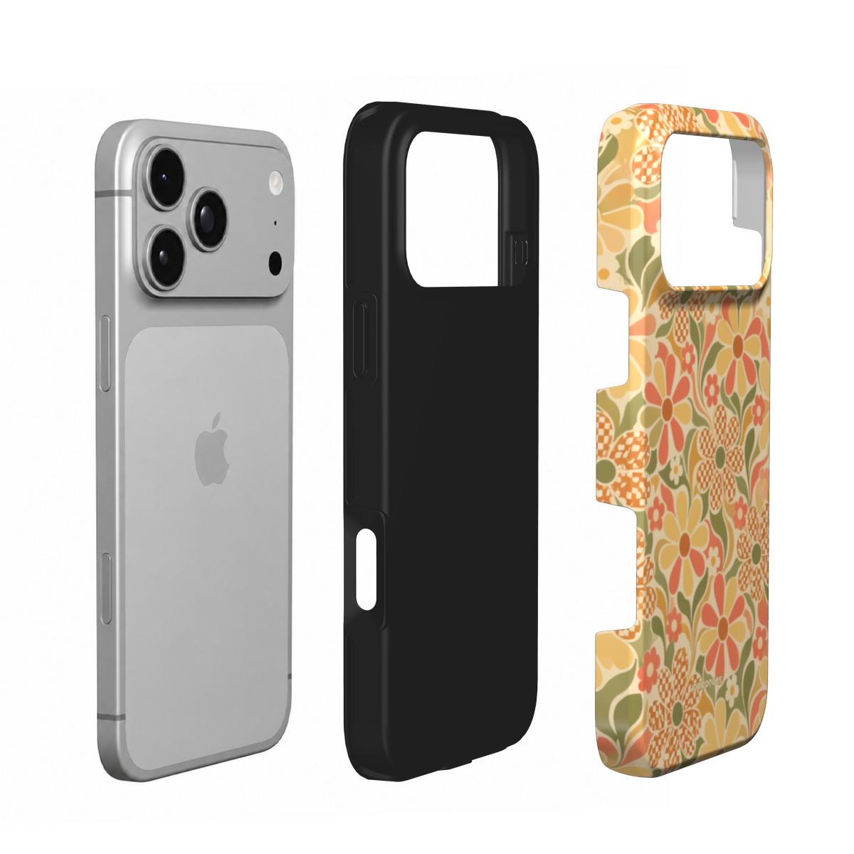 Coque Prestige Marguerite en vue éclatée : téléphone, couche intérieure souple et coque extérieure imprimée