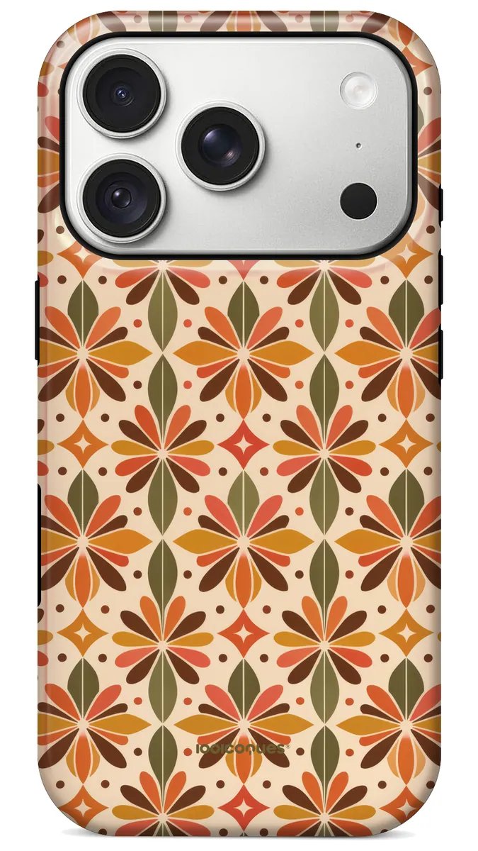 Coque Prestige Mosaïque vue de dos : une mosaïque de fleurs graphiques orange