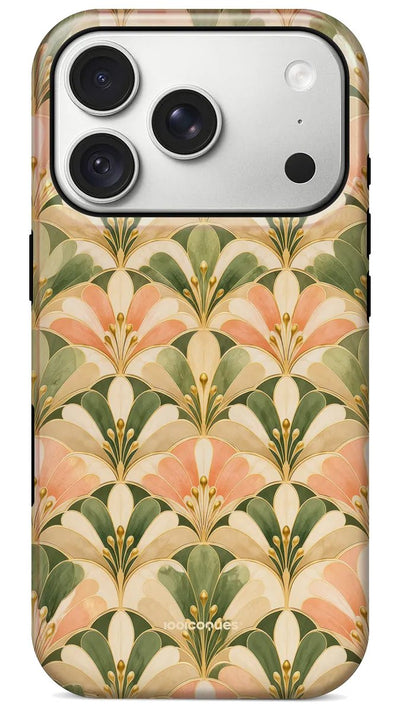 Coque Prestige Palmette vue de dos : des palmettes vert sauge et pêche en éventail