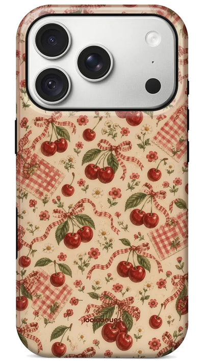 Coque Prestige Cerise vue de dos : des cerises et des petits nœuds vichy sur fond crème
