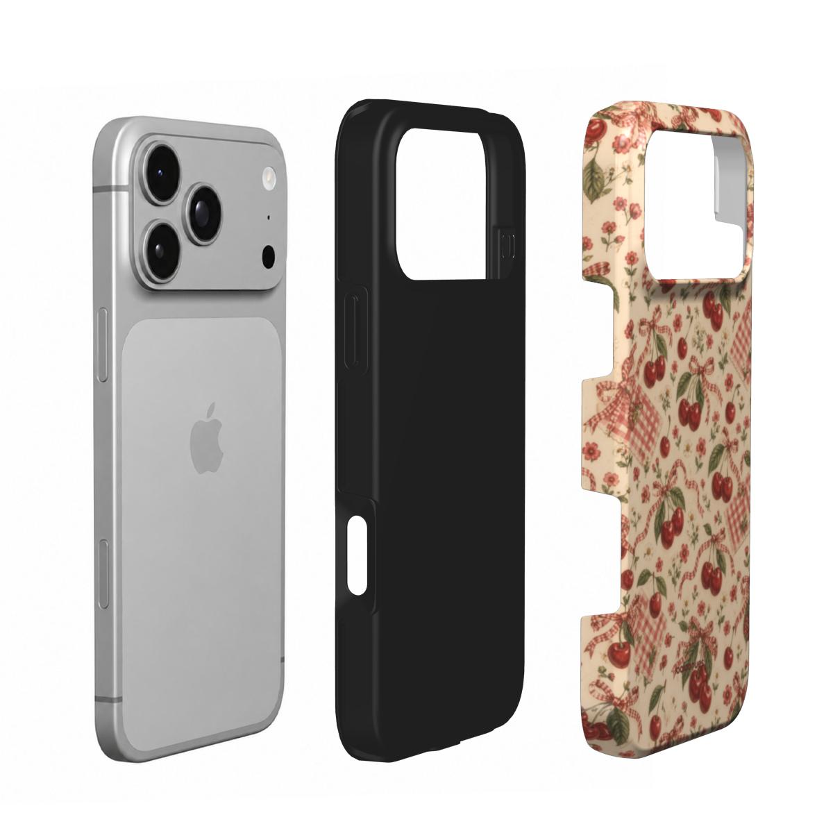 Coque Prestige Cerise en vue éclatée : téléphone, couche intérieure souple et coque extérieure imprimée