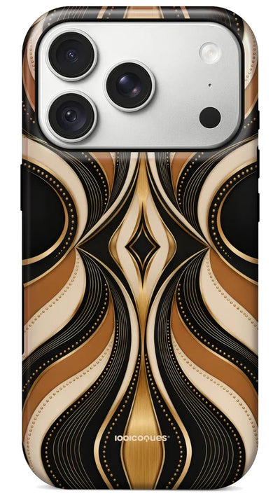 Coque Prestige Gatsby vue de dos : des courbes noir, or et crème façon Art déco