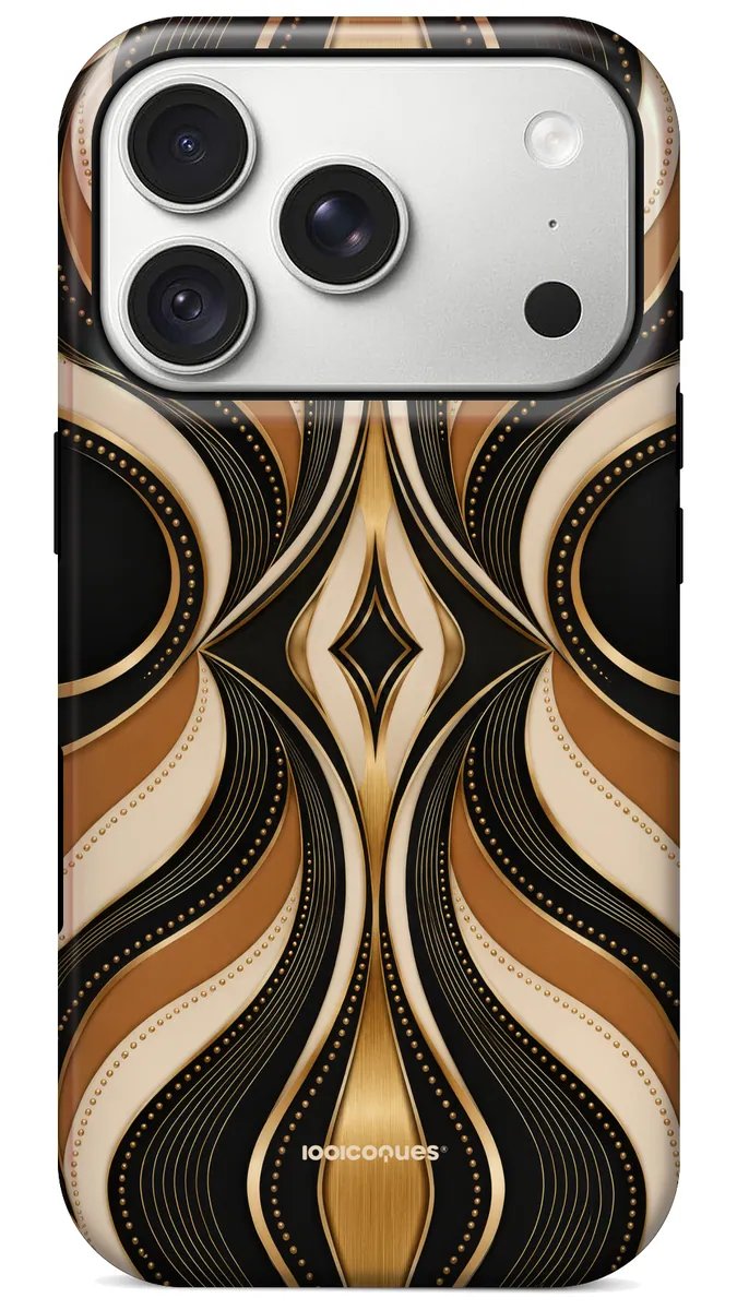 Coque Prestige Gatsby vue de dos : des courbes noir, or et crème façon Art déco