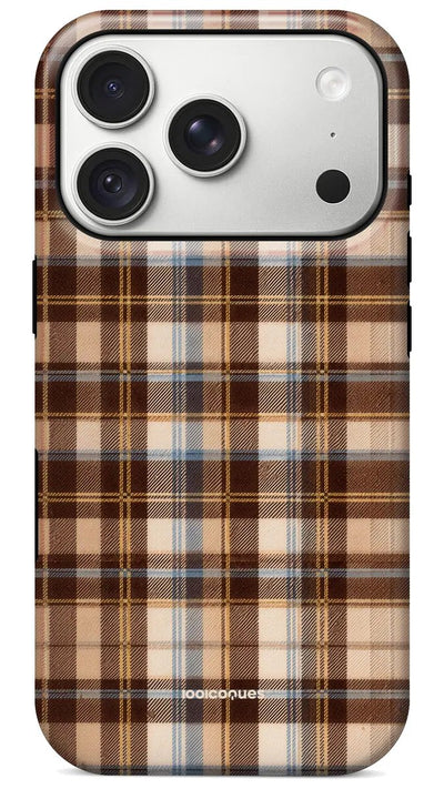 Coque Prestige Tartan Café vue de dos : un tartan aux tons café et crème