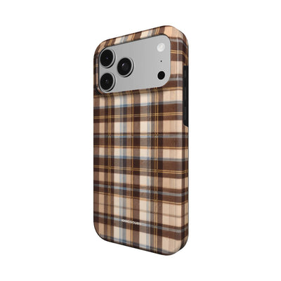 Coque Prestige Tartan Café vue de trois quarts, avec le rebord de la coque