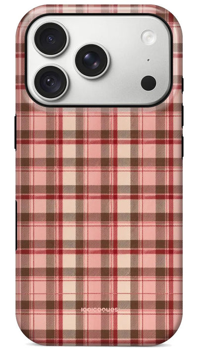 Coque Prestige Tartan Rose vue de dos : un tartan rose et rouge, doux et preppy