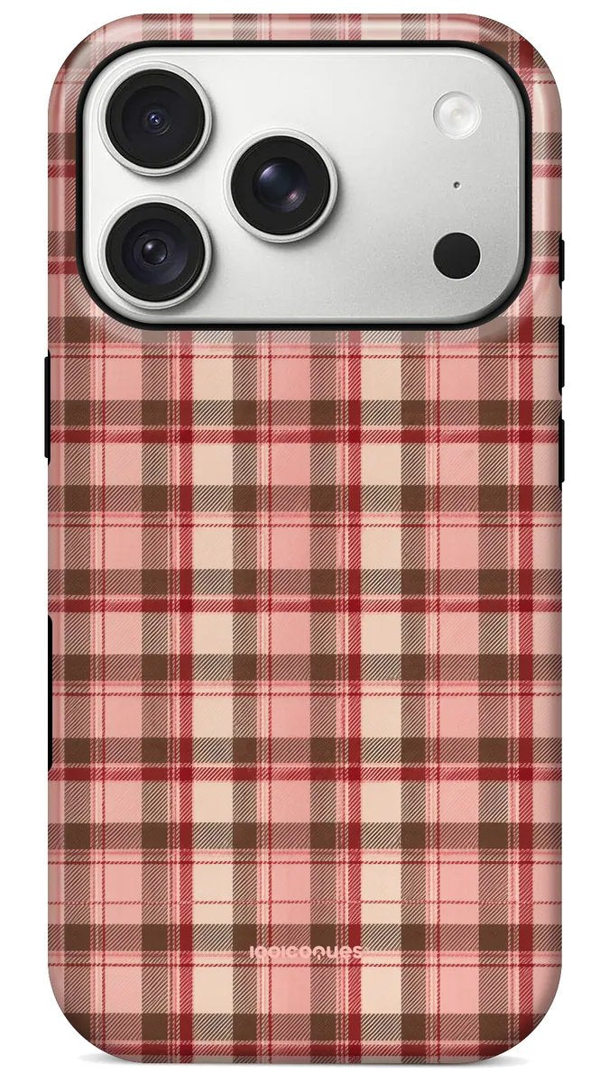 Coque Prestige Tartan Rose vue de dos : un tartan rose et rouge, doux et preppy