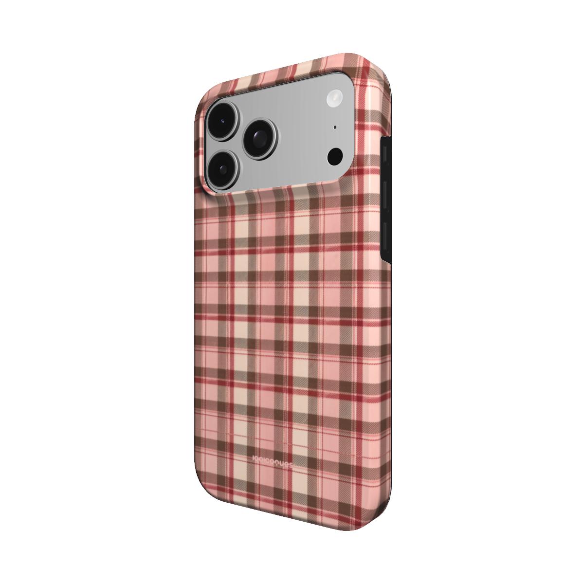 Coque Prestige Tartan Rose vue de trois quarts, avec le rebord de la coque