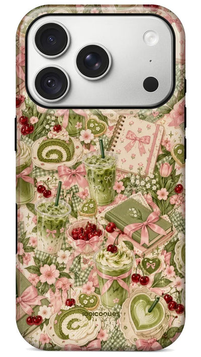 Coque Prestige Picnic vue de dos : un pique-nique vert matcha et rose avec cerises