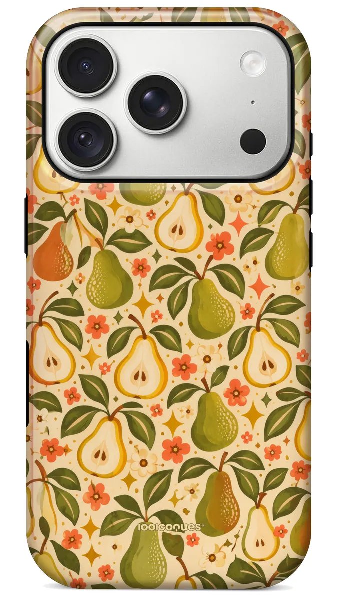 Coque Prestige Poire vue de dos : des poires vertes et des petites fleurs sur fond crème
