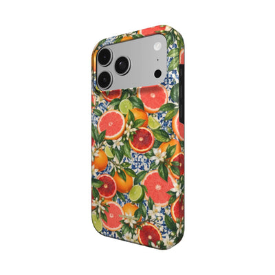 Coque Prestige Agrumes vue de trois quarts, avec le rebord de la coque