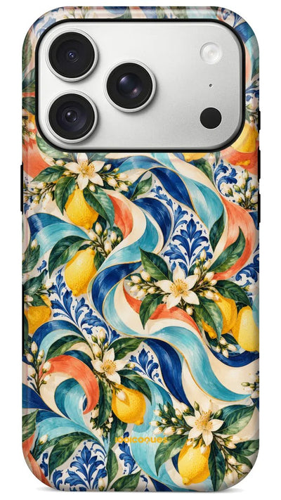 Coque Prestige Capri vue de dos : des citrons, des fleurs et des rubans turquoise et corail