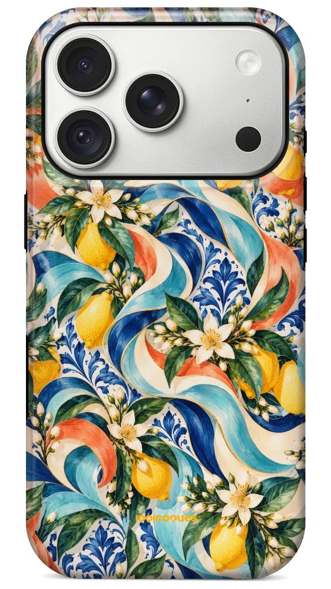 Coque Prestige Capri vue de dos : des citrons, des fleurs et des rubans turquoise et corail