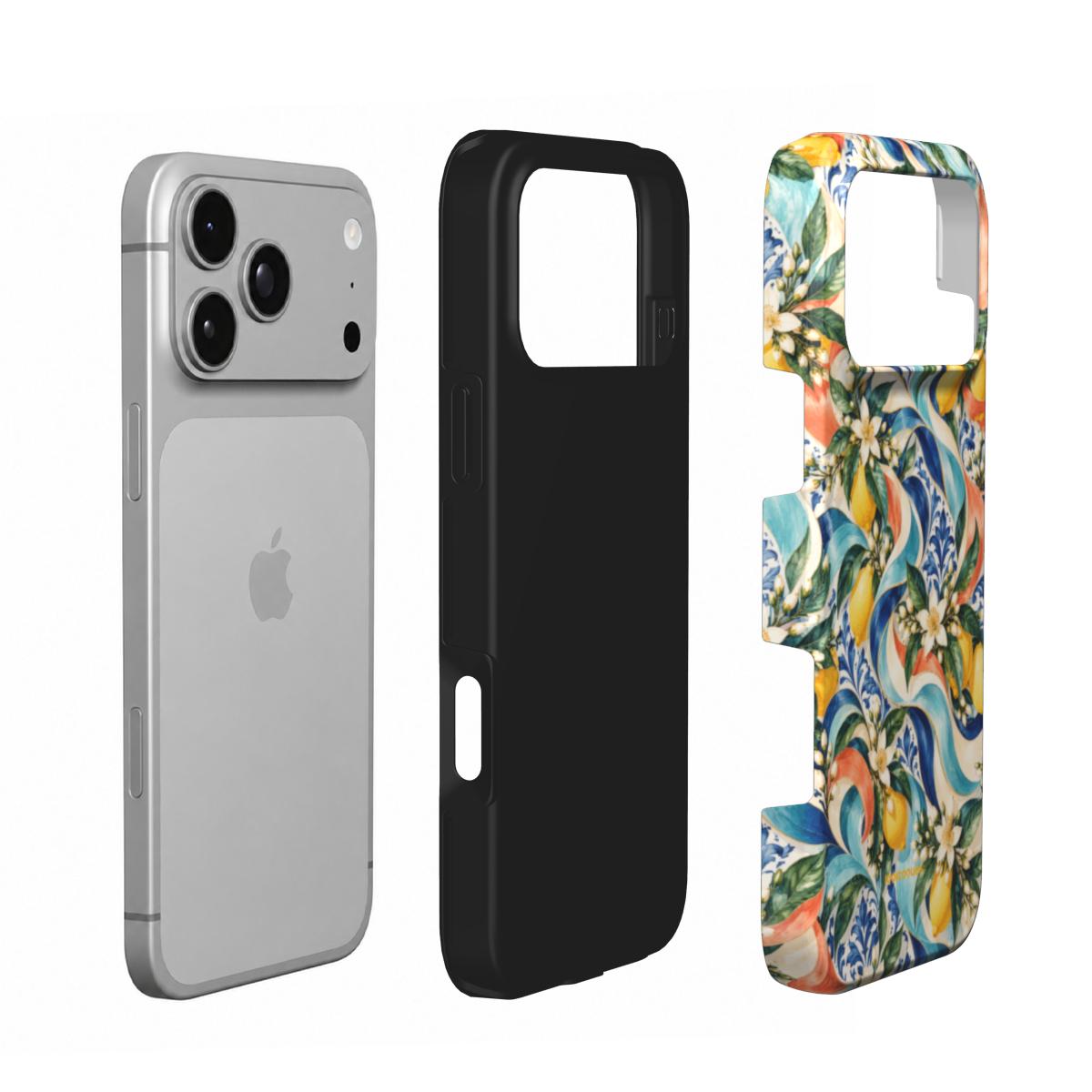 Coque Prestige Capri en vue éclatée : téléphone, couche intérieure souple et coque extérieure imprimée