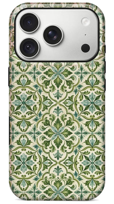 Coque Prestige Majolica vue de dos : des carreaux de majolique verts et crème