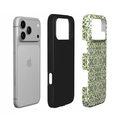 Coque Prestige Majolica en vue éclatée : téléphone, couche intérieure souple et coque extérieure imprimée