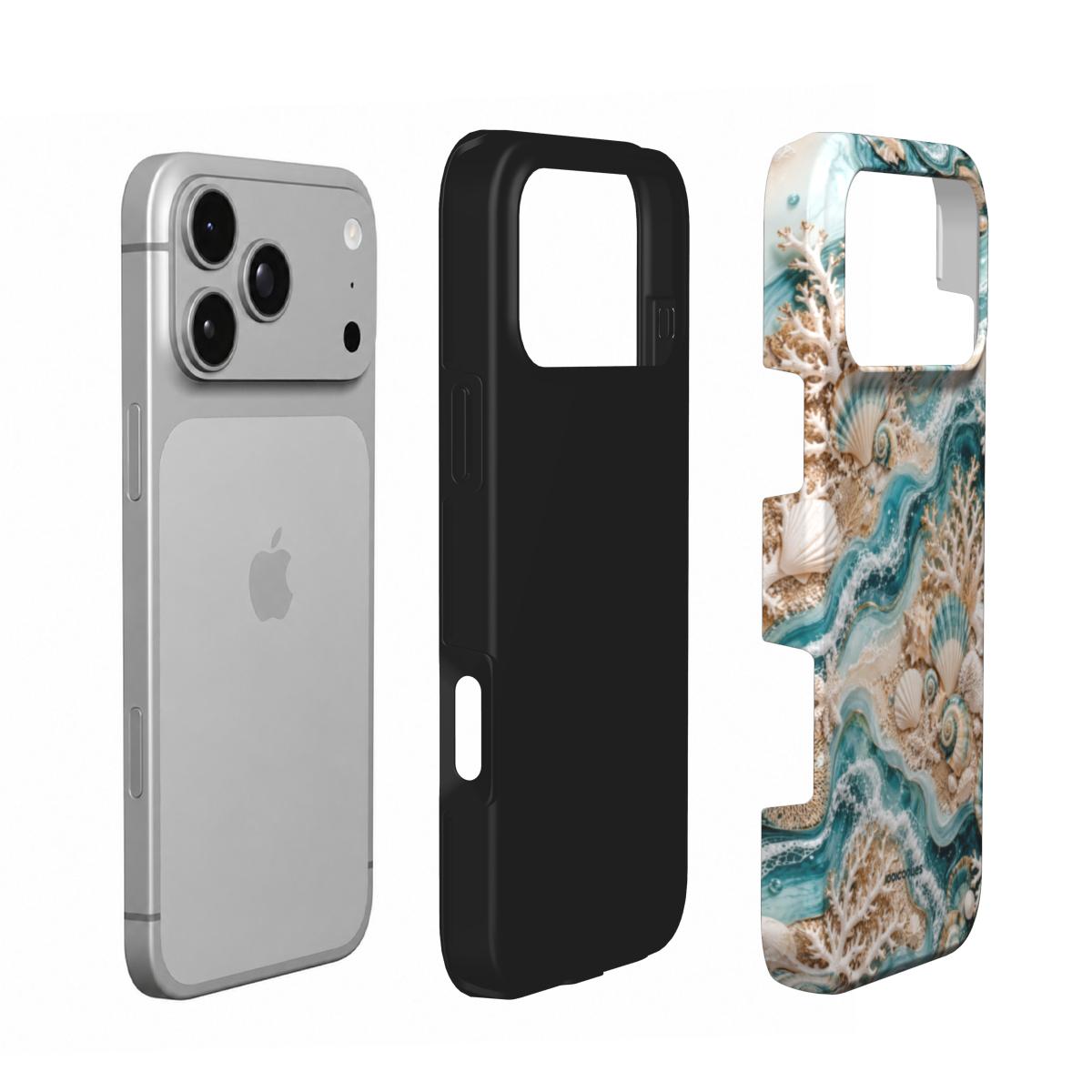 Coque Prestige Corail Bleu en vue éclatée : téléphone, couche intérieure souple et coque extérieure imprimée