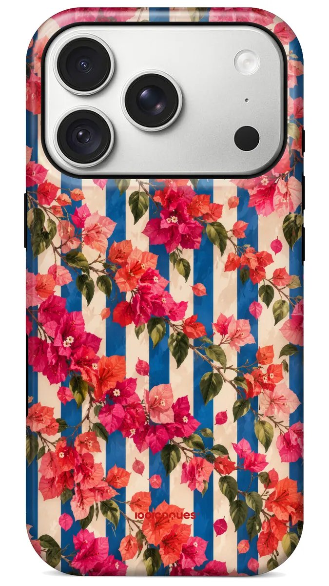Coque Prestige Bougainvillier vue de dos : des bougainvilliers fuchsia sur des rayures bleu et crème