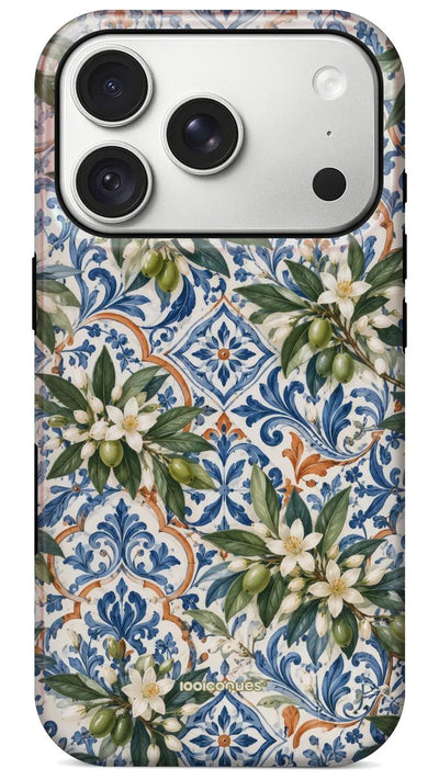 Coque Prestige Azulejo vue de dos : des carreaux bleus façon azulejos et des fleurs d'oranger