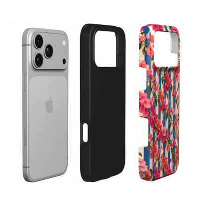 Coque Prestige Bougainvillier en vue éclatée : téléphone, couche intérieure souple et coque extérieure imprimée