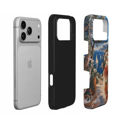 Coque Prestige Positano en vue éclatée : téléphone, couche intérieure souple et coque extérieure imprimée