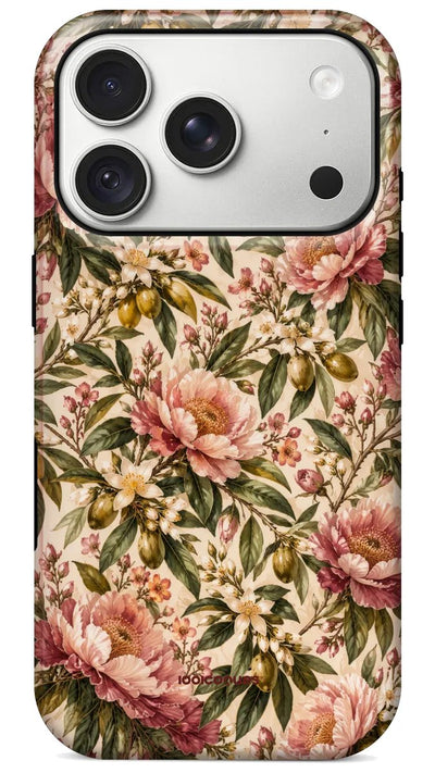 Coque Prestige Giardino vue de dos : des pivoines roses, des olives et du feuillage sur fond crème