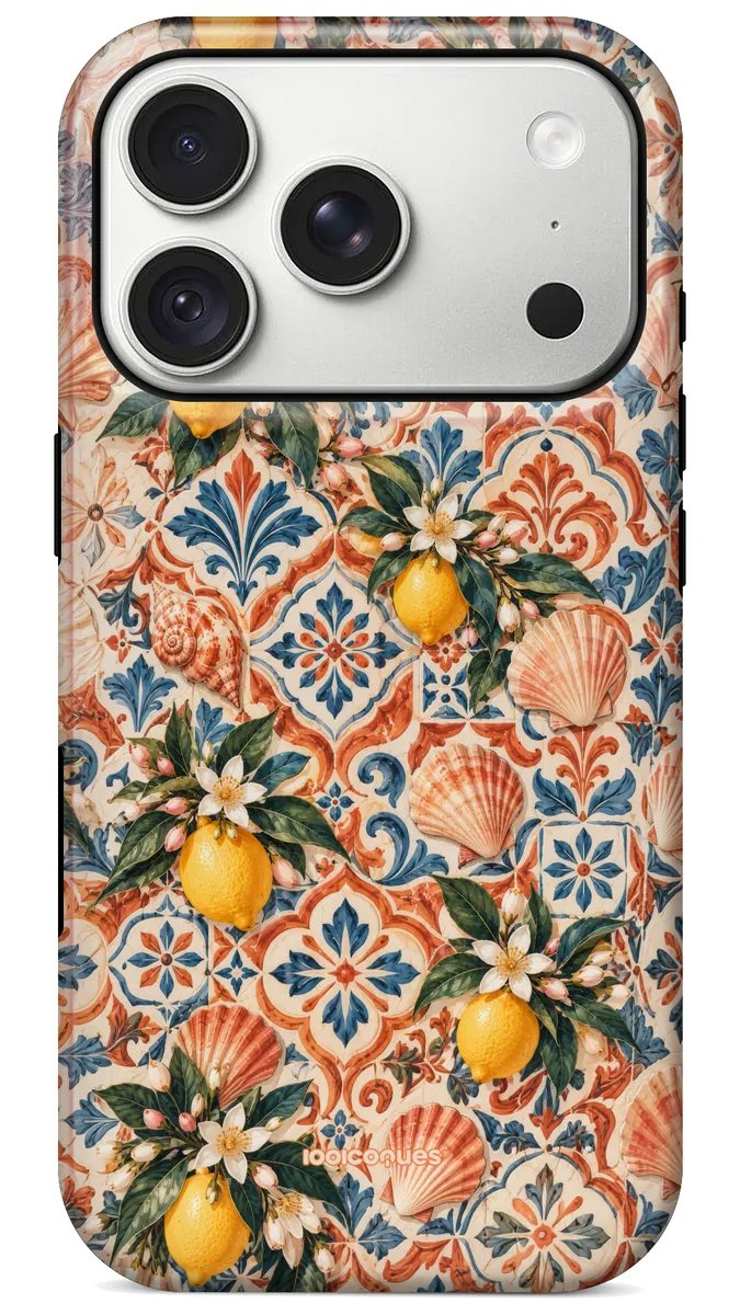 Coque Prestige Sicilia vue de dos : des citrons et des coquillages sur des carreaux bleus et terracotta