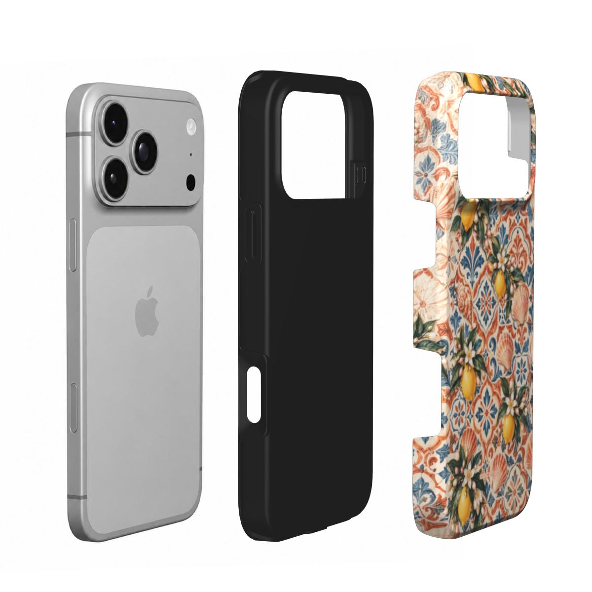 Coque Prestige Sicilia en vue éclatée : téléphone, couche intérieure souple et coque extérieure imprimée