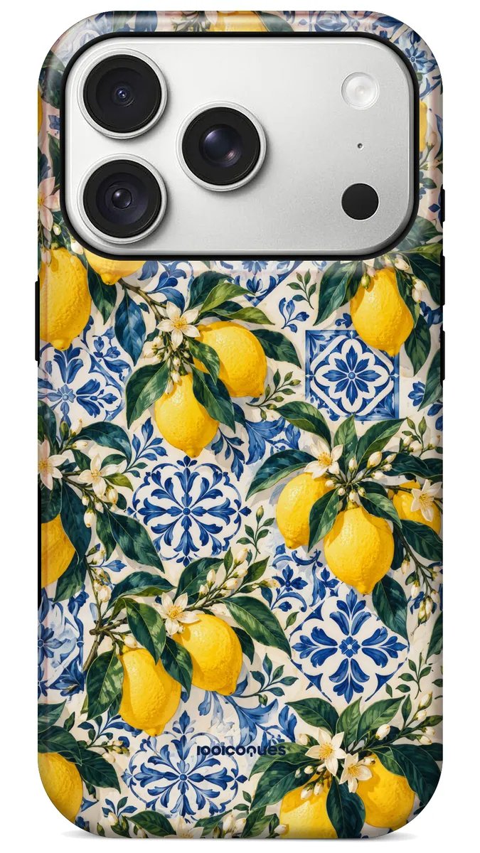 Coque Prestige Limone vue de dos : des citrons jaunes et des fleurs blanches sur des carreaux bleus