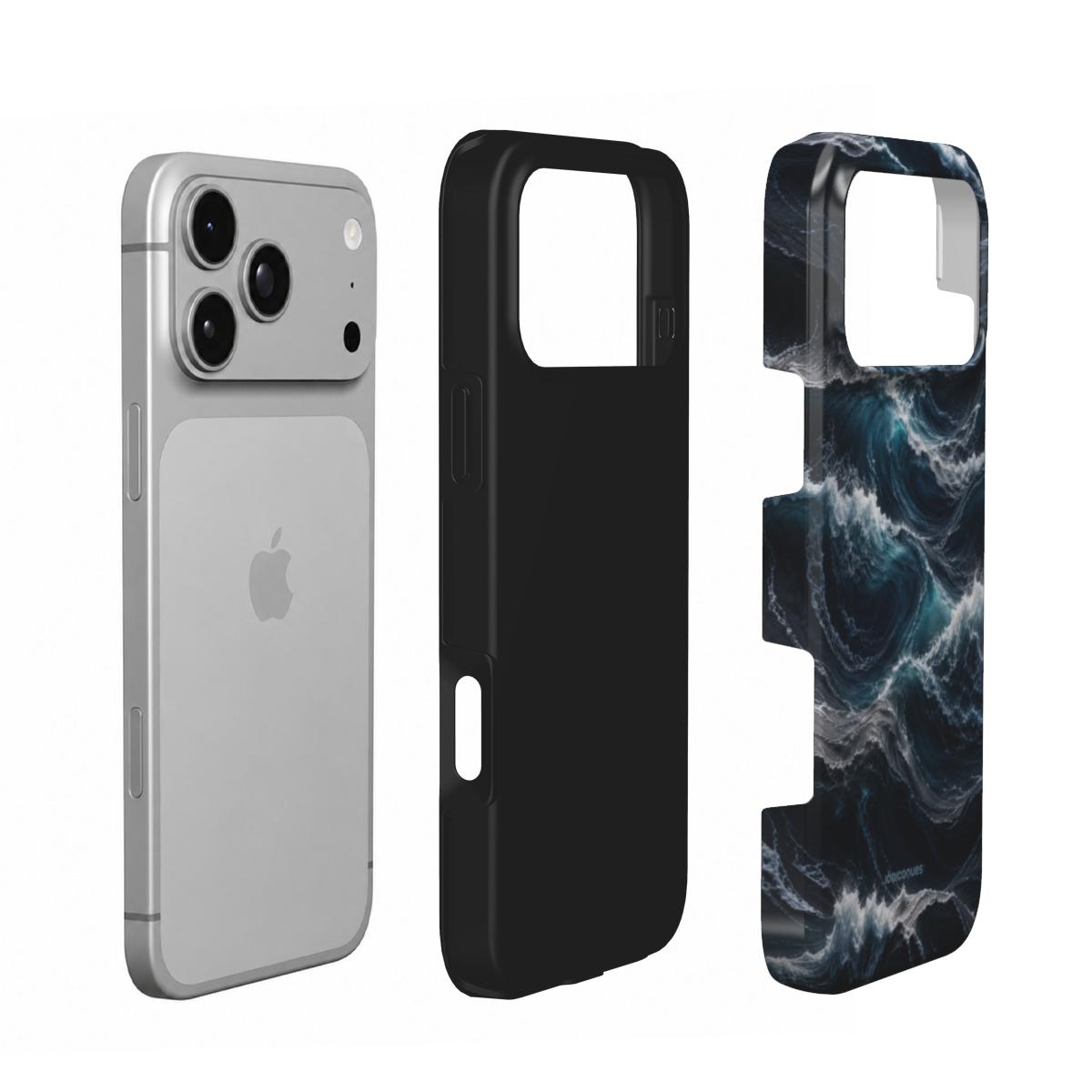 Coque Prestige Tempête en vue éclatée : téléphone, couche intérieure souple et coque extérieure imprimée