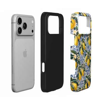 Coque Prestige Limone en vue éclatée : téléphone, couche intérieure souple et coque extérieure imprimée