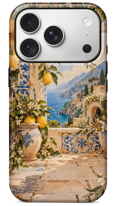 Coque Prestige Sorrento vue de dos : une terrasse sous les citronniers face à la mer