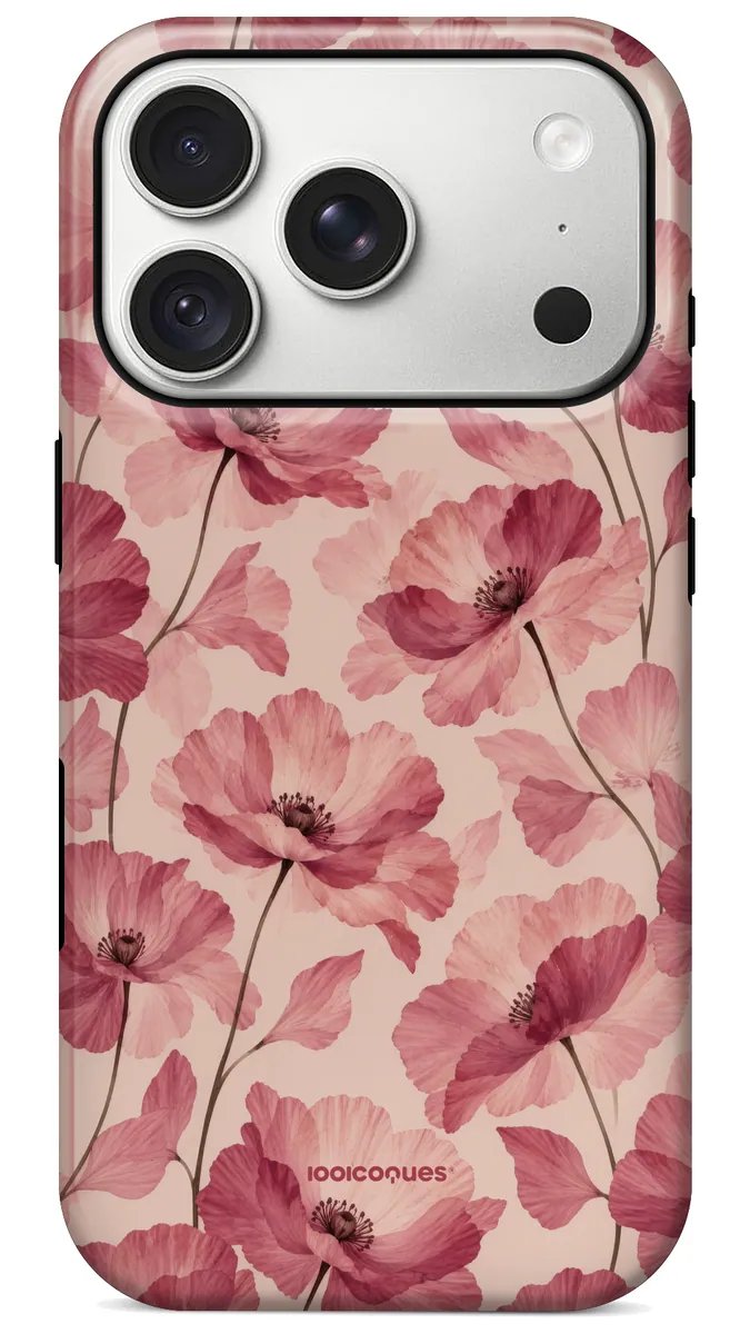 Coque Prestige Pétales vue de dos : des coquelicots roses en aquarelle