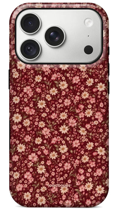 Coque Prestige Bordeaux Bloom vue de dos : une pluie de petites fleurs roses sur fond bordeaux