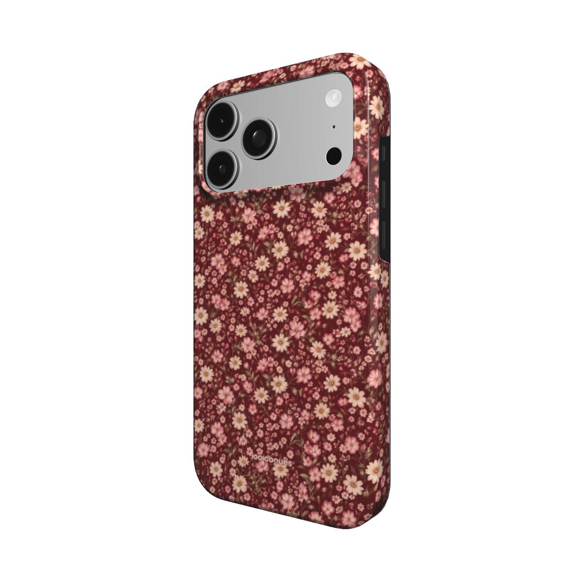 Coque Prestige Bordeaux Bloom vue de trois quarts, avec le rebord de la coque