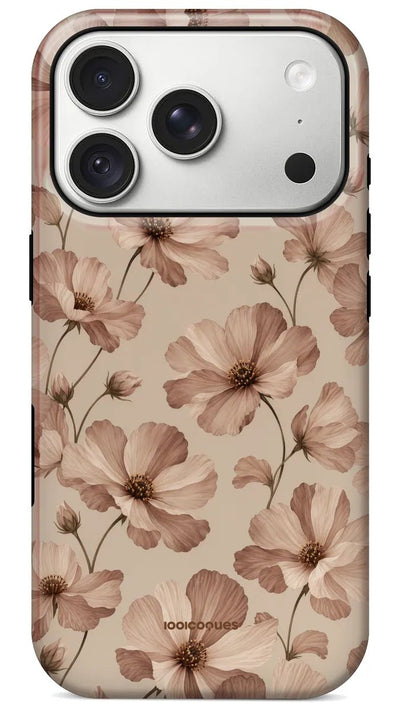 Coque Prestige Sépia vue de dos : des fleurs de cosmos aux tons sépia et beige