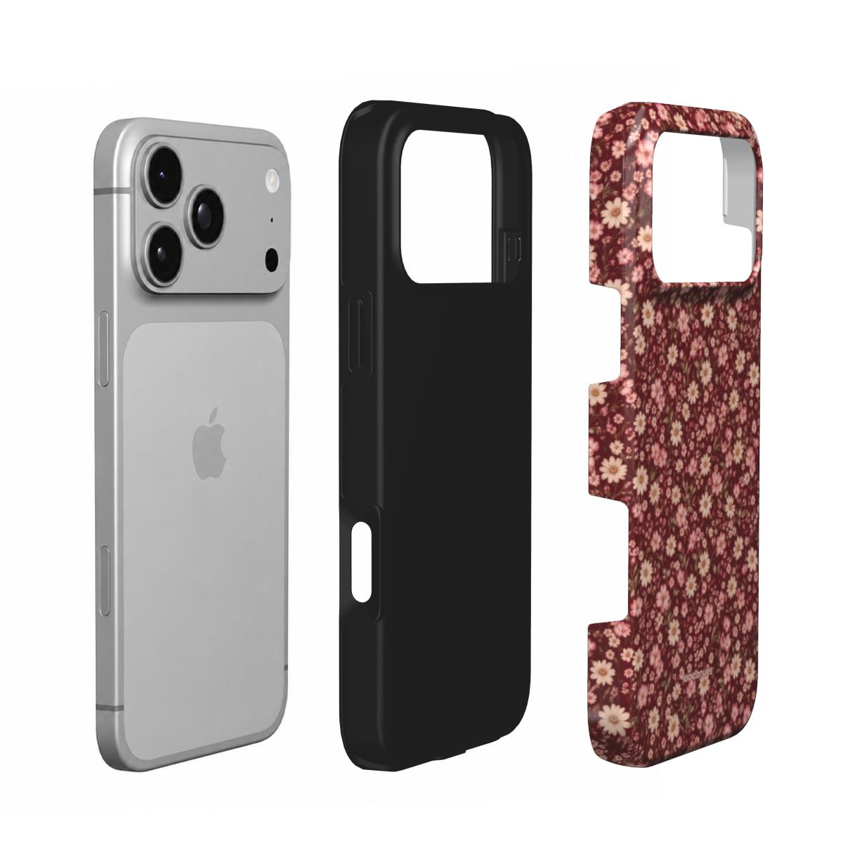 Coque Prestige Bordeaux Bloom en vue éclatée : téléphone, couche intérieure souple et coque extérieure imprimée