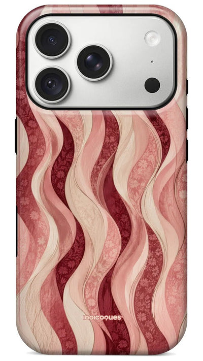 Coque Prestige Ruban vue de dos : des rubans ondulés rose, bordeaux et crème