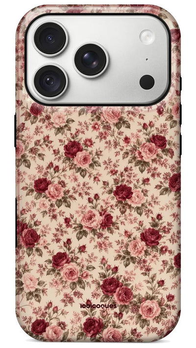 Coque Prestige Roseraie vue de dos : une roseraie miniature rose et bordeaux sur fond crème