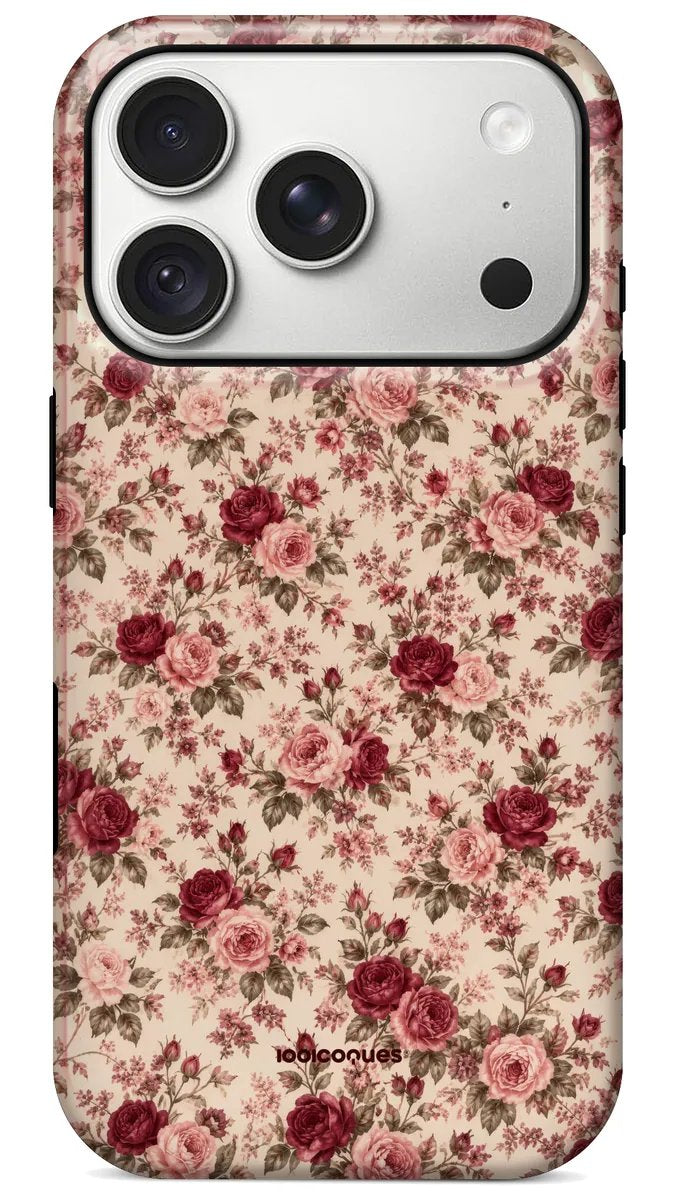 Coque Prestige Roseraie vue de dos : une roseraie miniature rose et bordeaux sur fond crème