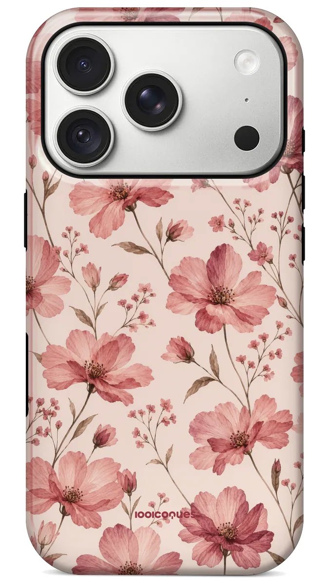 Coque Prestige Magnolia Rose vue de dos : des fleurs roses aux tiges fines sur fond pâle