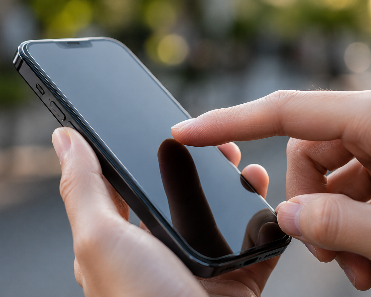 Doigt utilisant l'écran tactile d'un smartphone protégé par un film en verre trempé